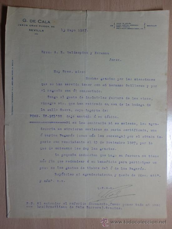 Cartas comerciais: CARTA COMERCIAL. SEVILLA 13 DE MAYO 1927. G. DE CALA. A VALDESPINO Y HERMANO.