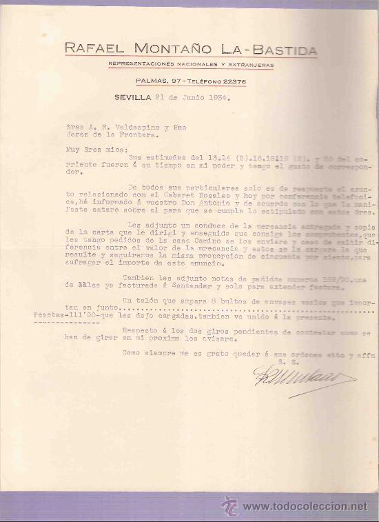 Cartas comerciais: CARTA COMERCIAL. RAFAEL MONTA&Ntilde;O LA-BASTIDA. A.R. VALDESPINO. JEREZ. SEVILLA, 1934, JUNIO.