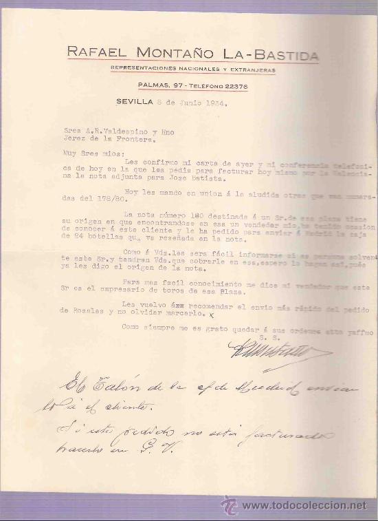 Cartas comerciais: CARTA COMERCIAL. RAFAEL MONTA&Ntilde;O LA-BASTIDA. A.R. VALDESPINO. JEREZ. SEVILLA, 1934, JUNIO.