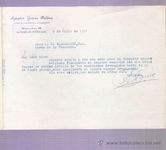 Cartas comerciais: CARTA COMERCIAL. AGUSTIN GARCIA MOLINA. AGENTE COMERCIAL. A.R. VALDESPINO. JEREZ. JAEN, JULIO 1951.