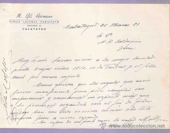 Cartas comerciais: CARTA COMERCIAL. M. GIL HERMANO. VINOS. A.R. VALDESPINO. JEREZ. CATALAYUD, MARZO 1951.