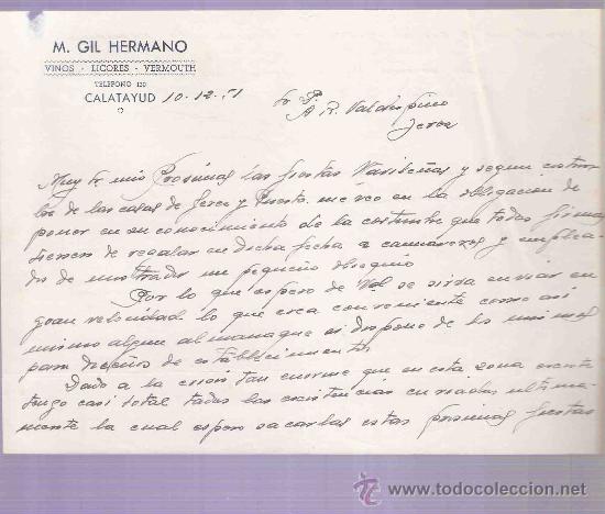 Cartas comerciais: CARTA COMERCIAL. M. GIL HERMANO. VINOS. A.R. VALDESPINO. JEREZ. CATALAYUD, 1951, DICIEMBRE.