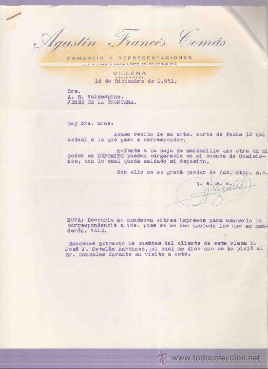 Cartas comerciais: CARTA COMERCIAL. AGUSTIN FRANCES TOMAS. COMERCIO. A.R. VALDESPINO. JEREZ. VILLENA, DICIEMBRE 1951.