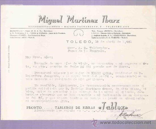 Cartas comerciais: CARTA COMERCIAL. MIGUEL MARTINEZ IBARZ. REPRESENTACIONES. A.R. VALDESPINO. JEREZ. TOLEDO, 1951 ABRIL