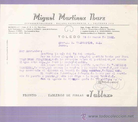 Cartas comerciais: CARTA COMERCIAL. MIGUEL MARTINEZ IBARZ. REPRESENTACIONES. A.R. VALDESPINO. JEREZ. TOLEDO, 1951 MARZO