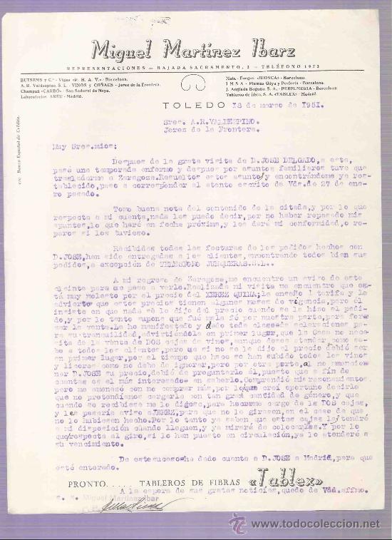 Cartas comerciais: CARTA COMERCIAL. MIGUEL MARTINEZ IBARZ. REPRESENTACIONES. A.R. VALDESPINO. JEREZ. TOLEDO, 1951 MARZO