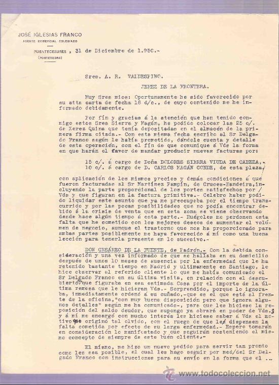 Cartas comerciais: CARTA COMERCIAL. JOSE IGLESIAS FRANCO. AGENTE. A.R. VALDESPINO. JEREZ. PONTEVEDRA, DICIEMBRE 1950.