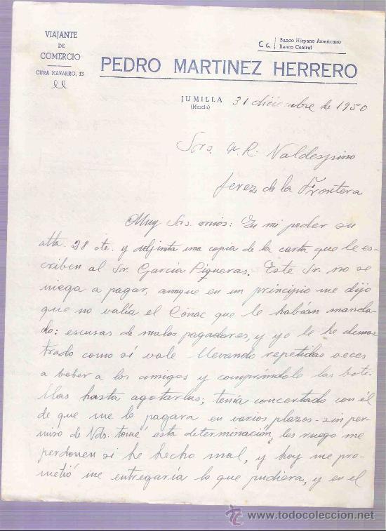 Cartas comerciais: CARTA COMERCIAL. PEDRO MARTINEZ HERRERO. A.R. VALDESPINO. JEREZ. MURCIA, DICIEMBRE 1950.