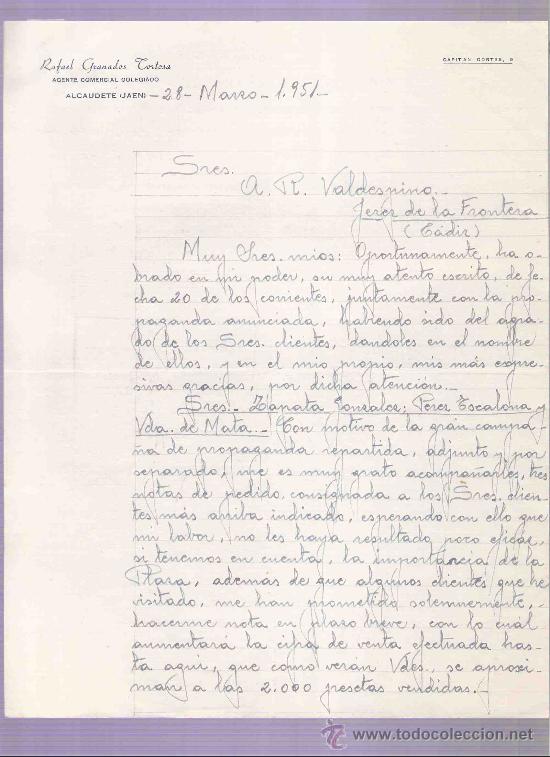Cartas comerciais: CARTA COMERCIAL. RAFAEL GRANADOS TORTOSA. AGENTE. A.R. VALDESPINO. JEREZ. JAEN, MARZO 1951.