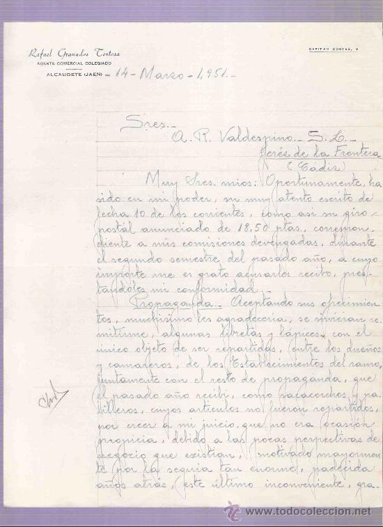 Cartas comerciais: CARTA COMERCIAL. RAFAEL GRANADOS TORTOSA. AGENTE. A.R. VALDESPINO. JEREZ. JAEN, MARZO 1951.