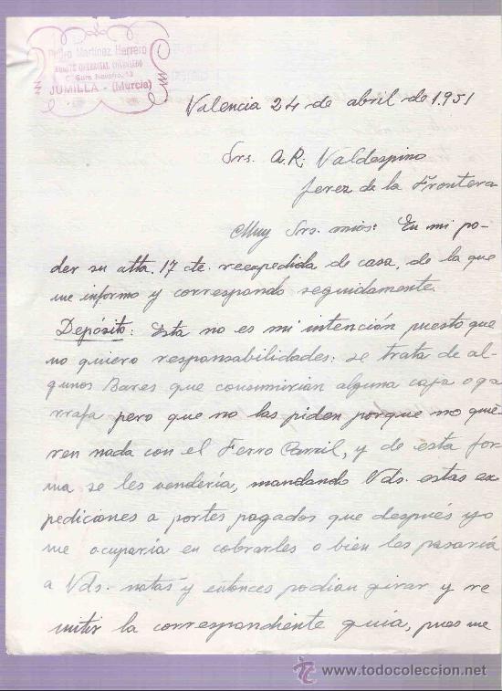 Cartas comerciais: CARTA COMERCIAL. PEDRO MARTINEZ HERRERO. AGENTE. A.R. VALDESPINO. JEREZ. VALENCIA, ABRIL 1951.