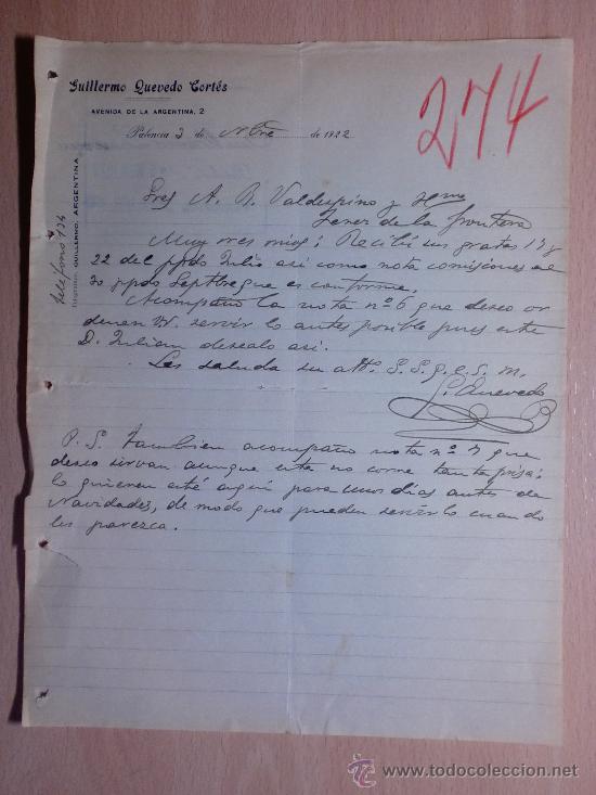 Cartas comerciales: CARTA COMERCIAL. PALENCIA 1922. GUILLERMO QUEVEDO CORTES. A VALDESPINO HERMANOS.