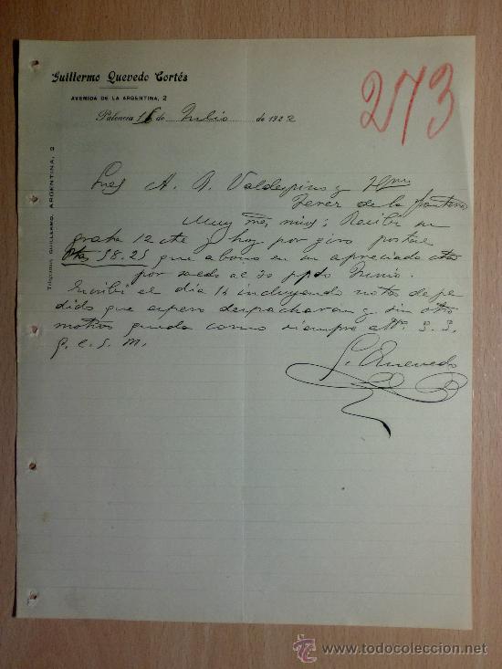 Cartas comerciales: CARTA COMERCIAL. PALENCIA 1922. GUILLERMO QUEVEDO CORTES. A VALDESPINO HERMANOS.