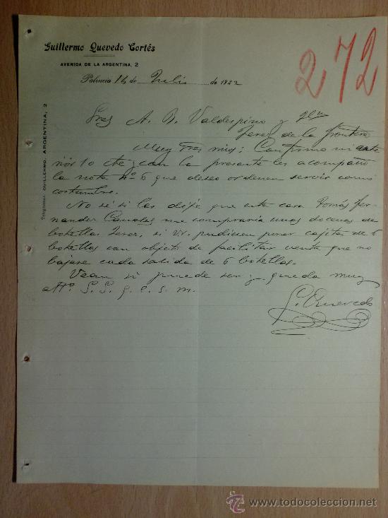 Cartas comerciales: CARTA COMERCIAL. PALENCIA 1922. GUILLERMO QUEVEDO CORTES. A VALDESPINO HERMANOS.