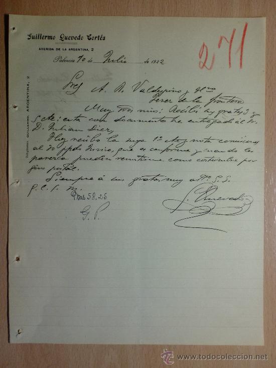 Cartas comerciales: CARTA COMERCIAL. PALENCIA 1922. GUILLERMO QUEVEDO CORTES. A VALDESPINO HERMANOS.