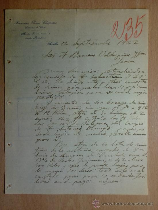 Cartas comerciais: CARTA COMERCIAL. SEVILLA 1922. FRANCISCO PEREZ CHAPARRO. CORREDOR DE VINOS.