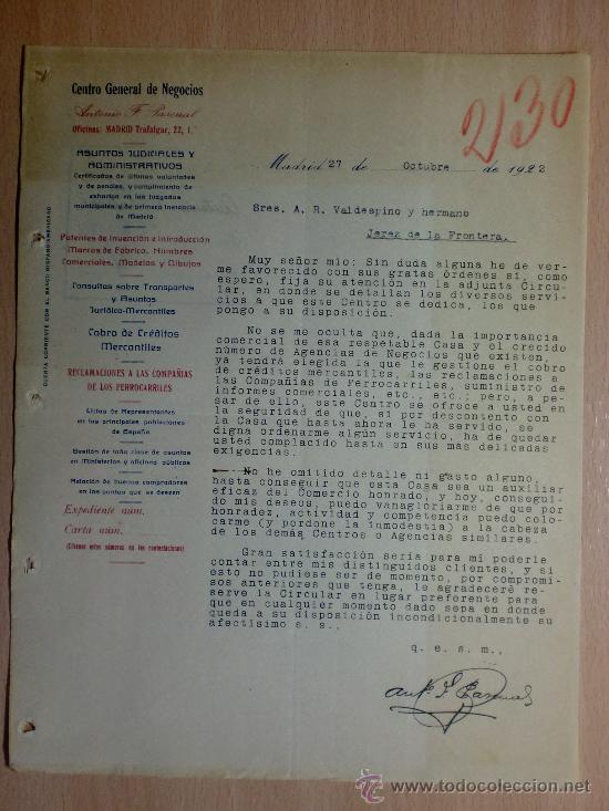 Cartas comerciais: CARTA COMERCIAL. MADRID 1922. CENTRO GENERAL DE NEGOCIOS. ANTONIO F. PASCUAL.