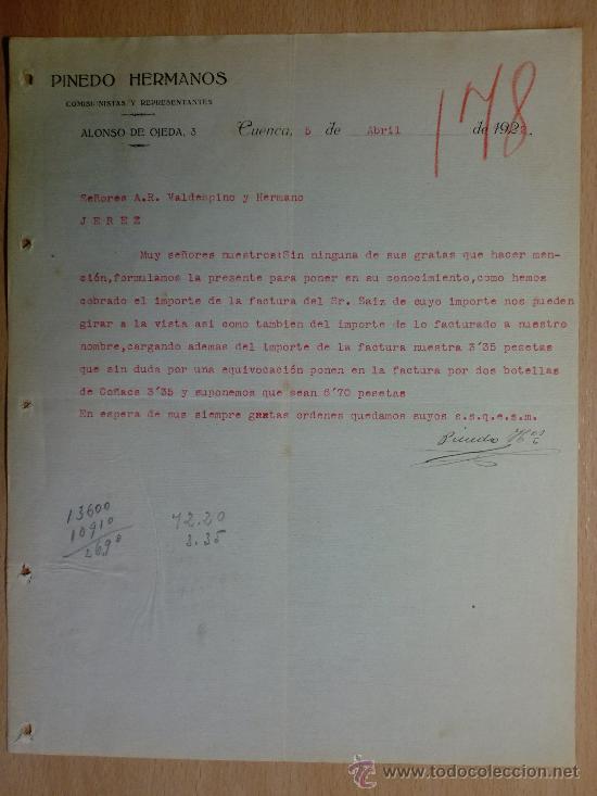 Cartas comerciais: CARTA COMERCIAL. CUENCA 1922. PINEDO HERMANOS. COMISIONISTAS Y REPRESENTANTES.