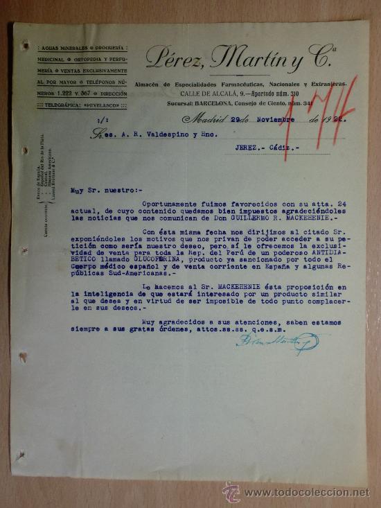 Cartas comerciais: CARTA COMERCIAL. MADRID 1922. PEREZ, MARTIN Y CIA. ESPECIALIDADES FARMACEUTICAS, ALMACEN.