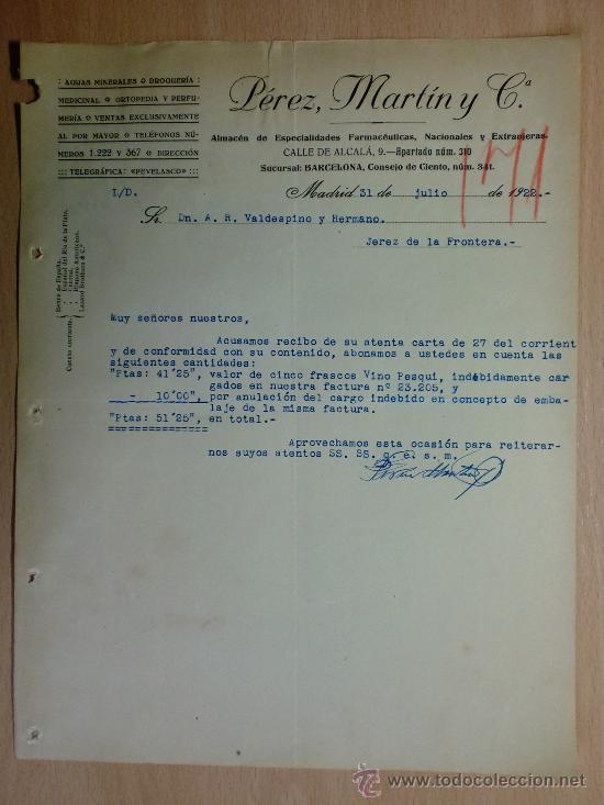Cartas comerciais: CARTA COMERCIAL. MADRID 1922. PEREZ, MARTIN Y CIA. ESPECIALIDADES FARMACEUTICAS, ALMACEN.