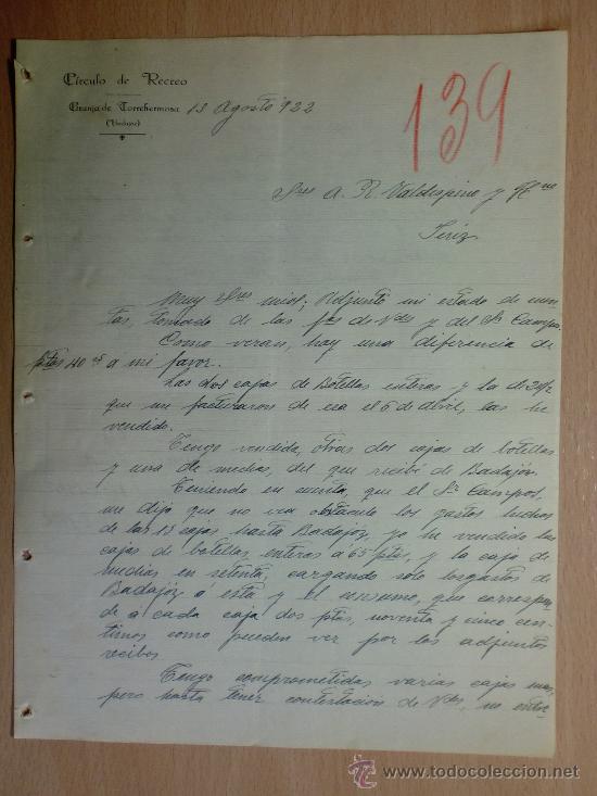 Cartas comerciais: CARTA COMERCIAL. GRANJA DE TORREHERMOSA, BADAJOZ 1922. CIRCULO DE RECREO.