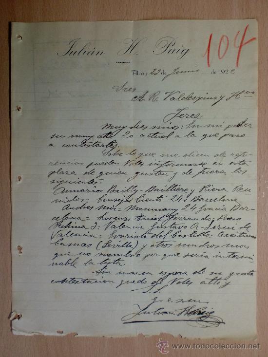 Cartas comerciais: CARTA COMERCIAL. ALCOY 1922. JULIAN H. PUIG. A VALDESPINO Y HNO.