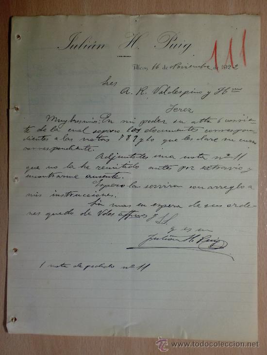 Cartas comerciais: CARTA COMERCIAL. ALCOY 1922. JULIAN H. PUIG. A VALDESPINO Y HNO.