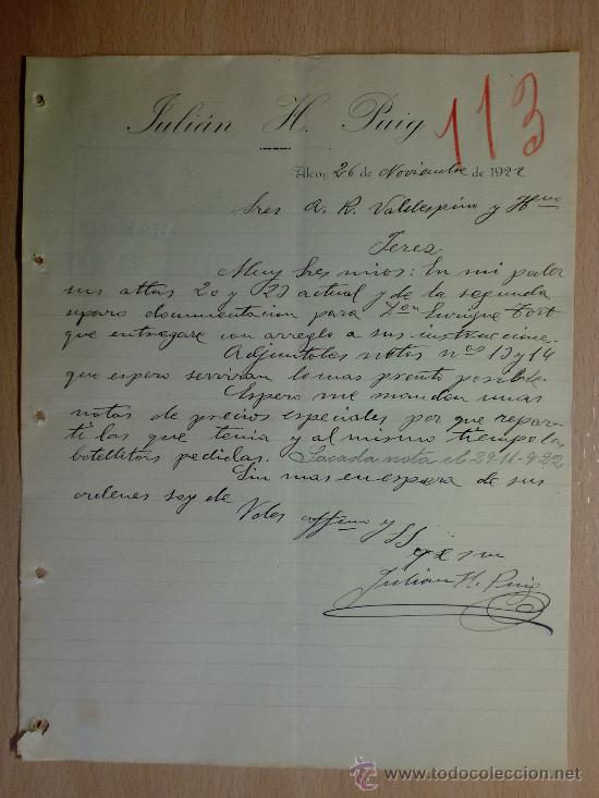 Cartas comerciais: CARTA COMERCIAL. ALCOY 1922. JULIAN H. PUIG. A VALDESPINO Y HNO.
