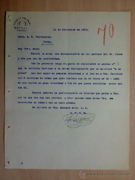 Cartas comerciais: CARTA COMERCIAL. MATILLAS, GUADALAJARA 1922. VICENTE DEL OLMO. A VALDESPINO.