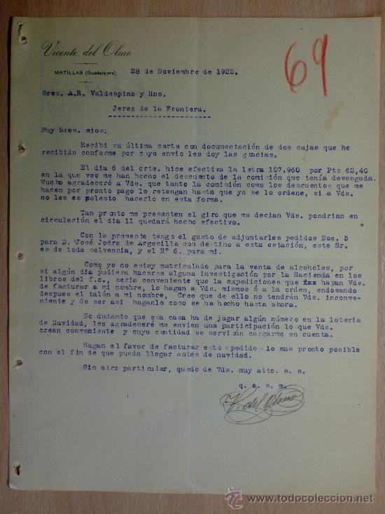 Cartas comerciais: CARTA COMERCIAL. MATILLAS, GUADALAJARA 1922. VICENTE DEL OLMO. A VALDESPINO.