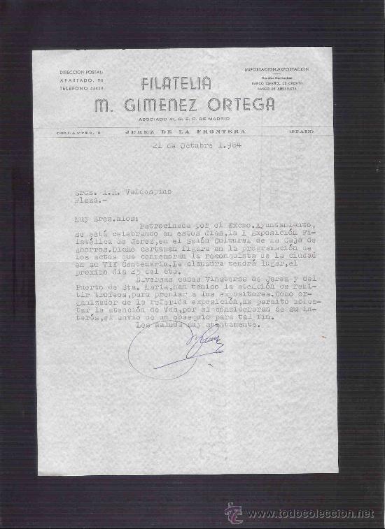 Lettere commerciali: CARTA COMERCIAL. FILATELIA M. GIMENEZ ORTEGA. VALDESPINO. JEREZ. OCTUBRE 1964.