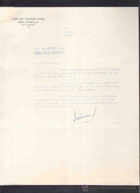Lettere commerciali: CARTA COMERCIAL. JOSE LUIS GIMENEZ LLEDO. VALDESPINO. JEREZ. ALICANTE, FEBRERO 1964.