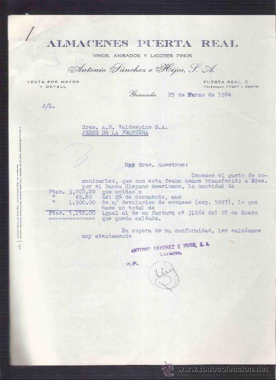 Lettere commerciali: CARTA COMERCIAL. ALMACENES PUERTA REAL. VINOS. VALDESPINO. JEREZ. GRANADA, MARZO 1964.