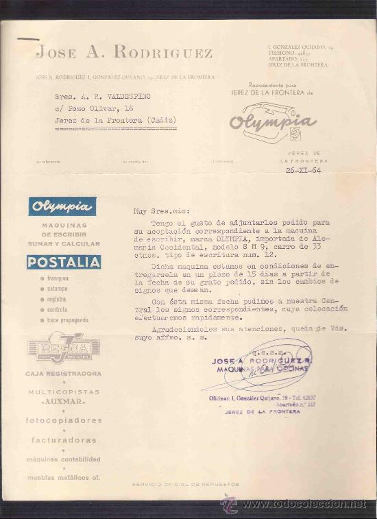 Lettere commerciali: CARTA COMERCIAL. JOSE A. RODRIGUEZ. OLYMPIA. VALDESPINO. JEREZ. NOVIEMBRE 1964.
