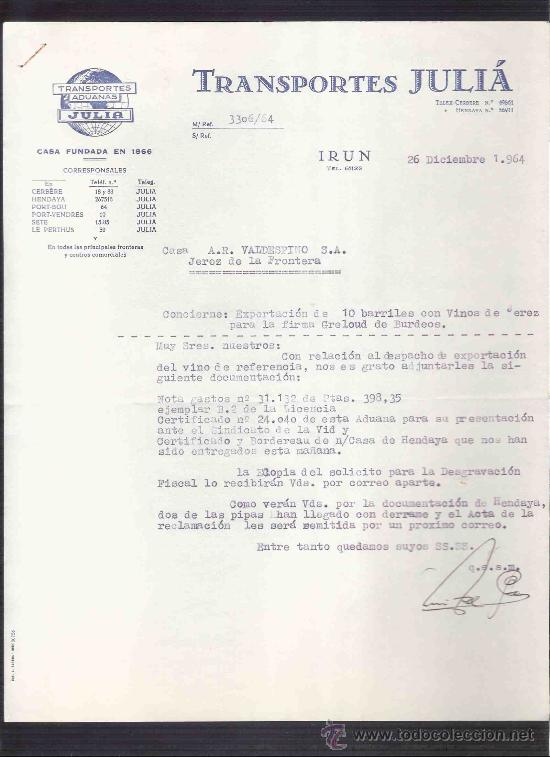 Lettere commerciali: CARTA COMERCIAL. TRANSPORTES JULIA. VALDESPINO. JEREZ. IRUN, DICIEMBRE 1964.