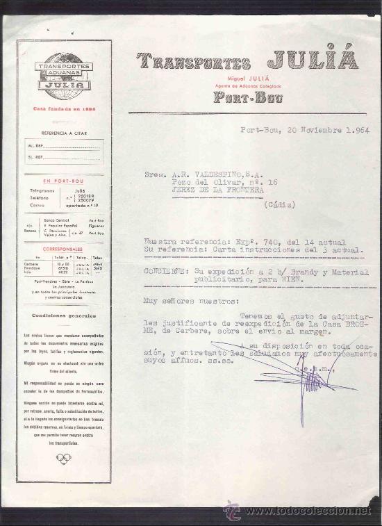 Lettere commerciali: CARTA COMERCIAL. TRANSPORTES JULIA. VALDESPINO. JEREZ. PORT-BOU, NOVIEMBRE 1964.
