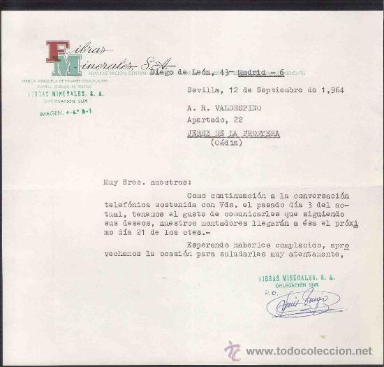 Lettere commerciali: CARTA COMERCIAL. FIBRAS MINERALES. - S.A. VALDESPINO. JEREZ. SEVILLA, SEPTIEMBRE 1964.