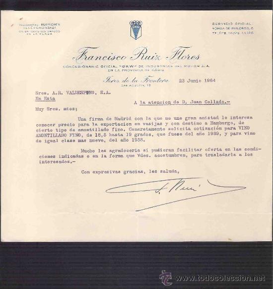 Lettere commerciali: CARTA COMERCIAL. FRANCISCO RUIZ FLORES. CONCESIONARIO DKW. VALDESPINO. JEREZ. JUNIO 1964.