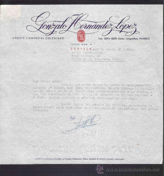Lettere commerciali: CARTA COMERCIAL. GONZALO HERNANDEZ LOPEZ. AGENTE. VALDESPINO. JEREZ. SEVILLA, ABRIL 1964.