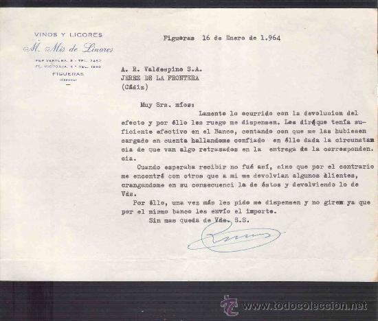 Lettere commerciali: CARTA COMERCIAL. M. MIS DE LINARES. VINOS Y LICORES. VALDESPINO. JEREZ. FIGUERAS, ENERO 1964.