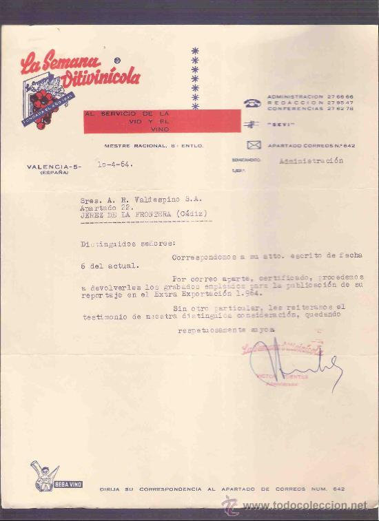 Lettere commerciali: CARTA COMERCIAL. LA SEMANA VITIVINICOLA. VALDESPINO. JEREZ. VALENCIA, ABRIL 1964.
