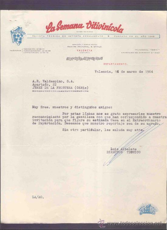 Lettere commerciali: CARTA COMERCIAL. LA SEMANA VITIVINICOLA. REVISTA. VALDESPINO. JEREZ. VALENCIA, MARZO 1964.