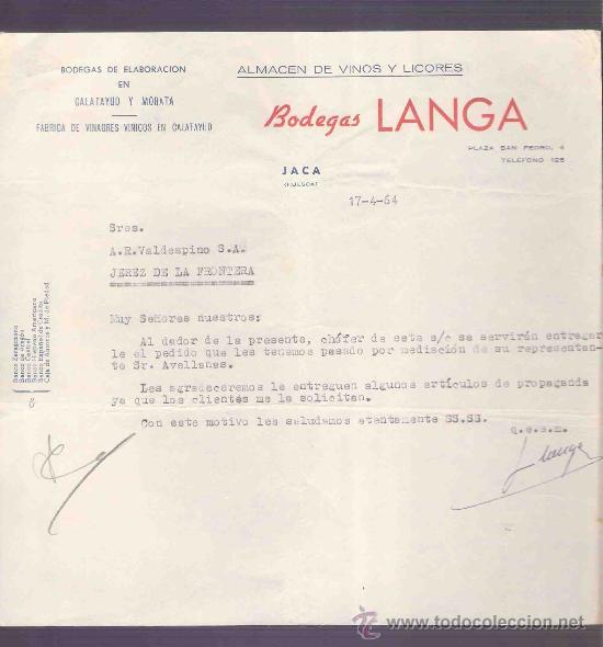 Lettere commerciali: CARTA COMERCIAL. BODEGAS LANGA. ALMACEN VINOS. VALDESPINO. JEREZ. JACA, ABRIL 1964.