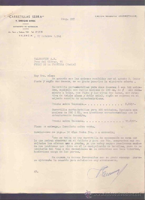 Lettere commerciali: CARTA COMERCIAL. CARRETILLAS SERRA. V. ENRIQUE SERRA. VALDESPINO. JEREZ. VALENCIA, OCTUBRE 1964.