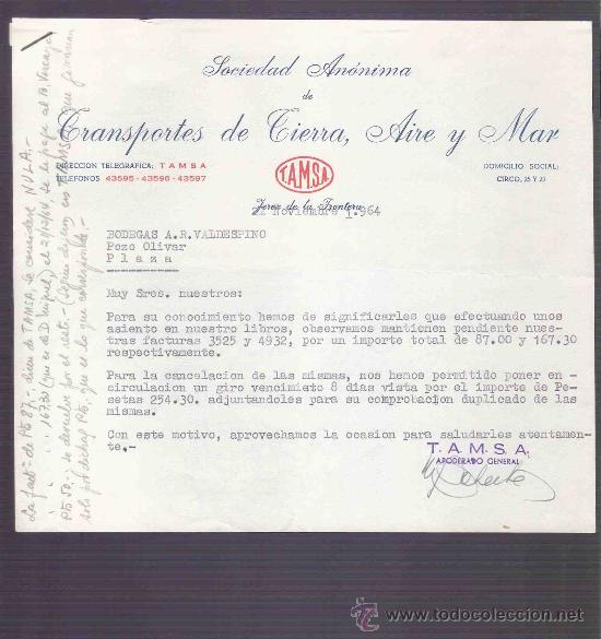 Lettres commerciales: CARTA COMERCIAL. S.A. DE TRANSPORTES DE TIERRA, AIRE Y MAR. TAMSA. VALDESPINO. JEREZ. NOV. 1964.