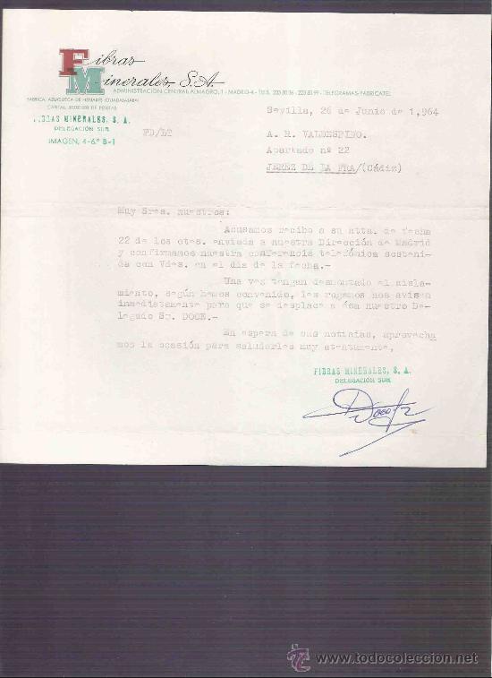 Lettres commerciales: CARTA COMERCIAL. FIBRAS MINERALES. - S.A. VALDESPINO. JEREZ. SEVILLA, JUNIO 1964.