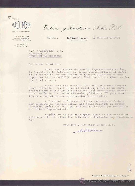 Lettres commerciales: CARTA COMERCIAL. FILTROS COLUMBIT. TALLERES Y FUNDICION ARBOS, S.A. VALDESPINO. JEREZ.  NOV. 1964.