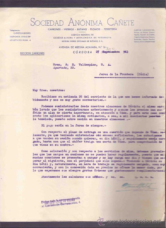 Lettres commerciales: CARTA COMERCIAL. SOCIEDAD ANONIMA CA&Ntilde;ETE. SECCION CARBONES. VALDESPINO. JEREZ. CORDOBA, DIC. 1963.