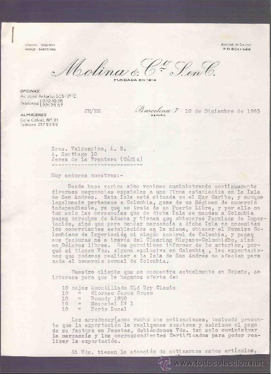 Lettres commerciales: CARTA COMERCIAL. MOLINA & CIA. L. EN C. VALDESPINO. JEREZ. BARCELONA, DICIEMBRE 1963.