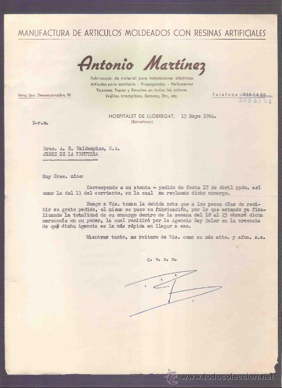 Lettres commerciales: CARTA COMERCIAL. ANTONIO MARTINEZ. MANUFACTURA. VALDESPINO. JEREZ. BARCELONA, MAYO 1964.